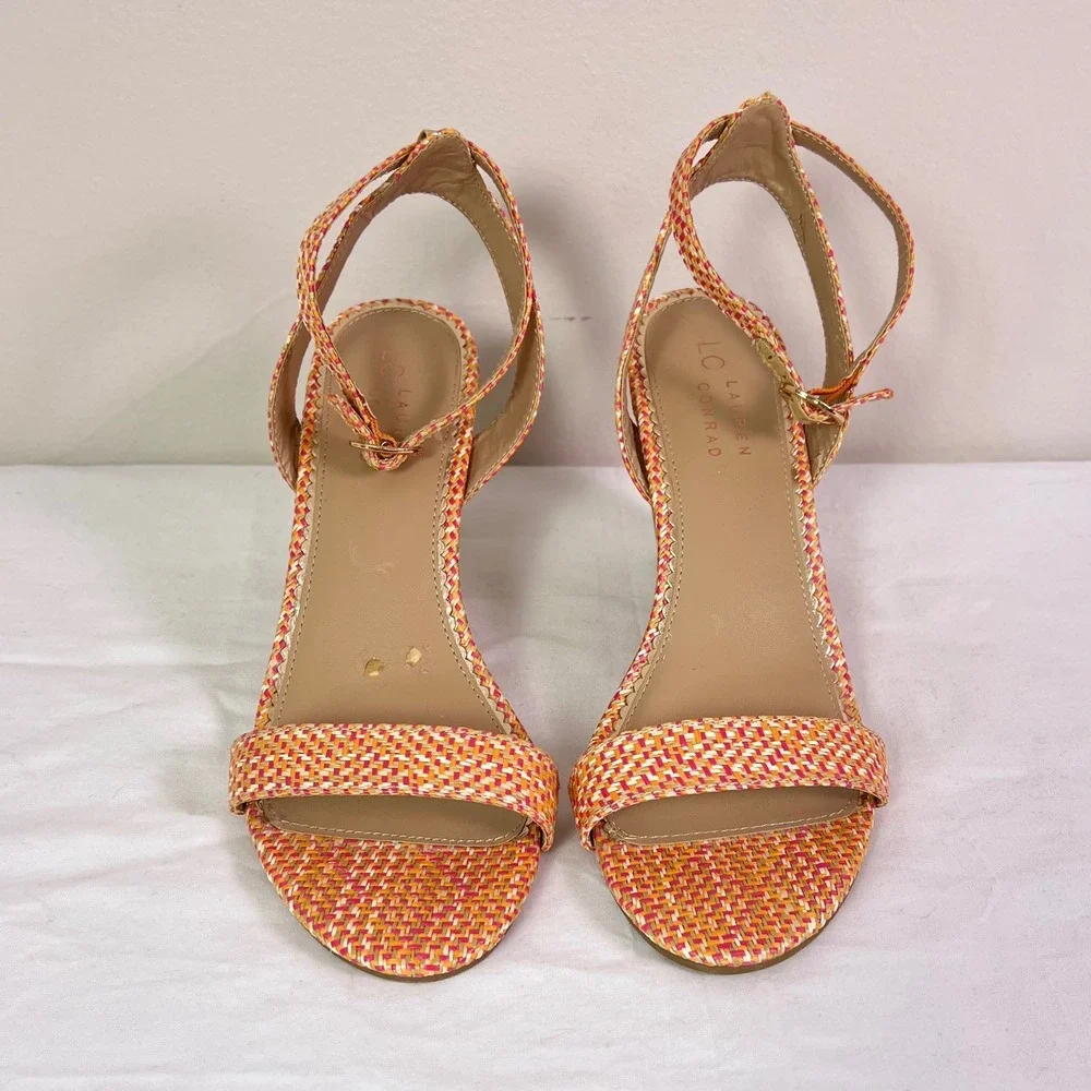 LC Lauren Conrad Wedge Sandals 10 Coral Woven Cork Strappy Boho Summer 160089
